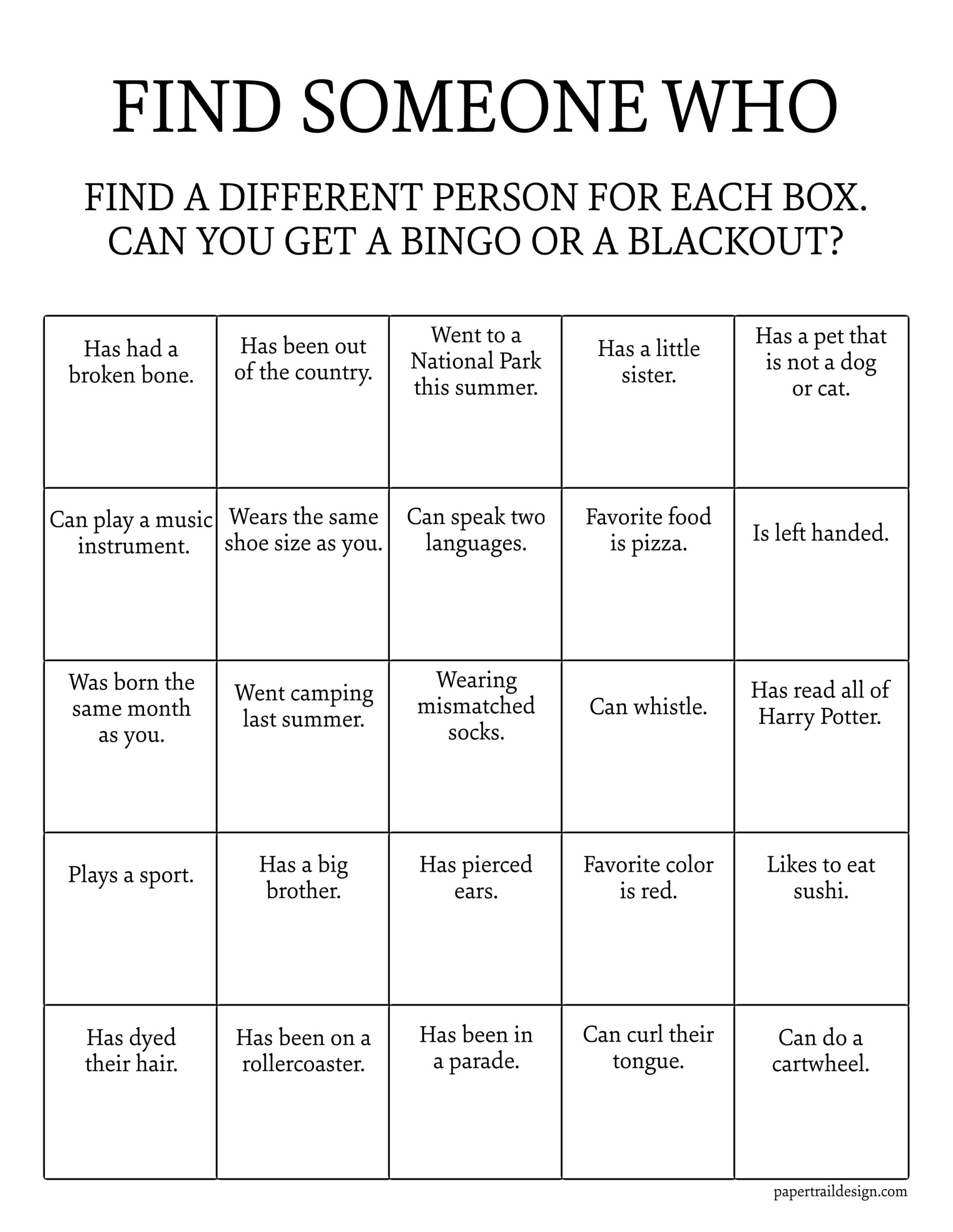 get to know you bingo printable - paper trail design